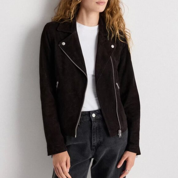 NWT Quince 100% Suede Biker Jacket Womens M Charcoal Black - Picture 1 of 15